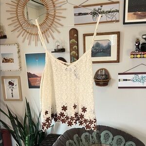 Blue Sky Off White Lace Tank Top with Brown Floral Embroidery - Size M